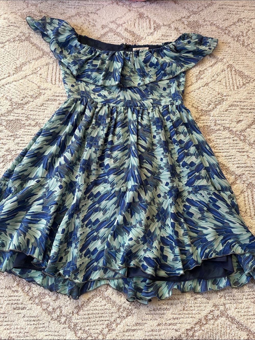 LoveShackFancy 100% Silk Blue Floral Off Shoulder Ruffle Dress Size 1 - Picture 5 of 17